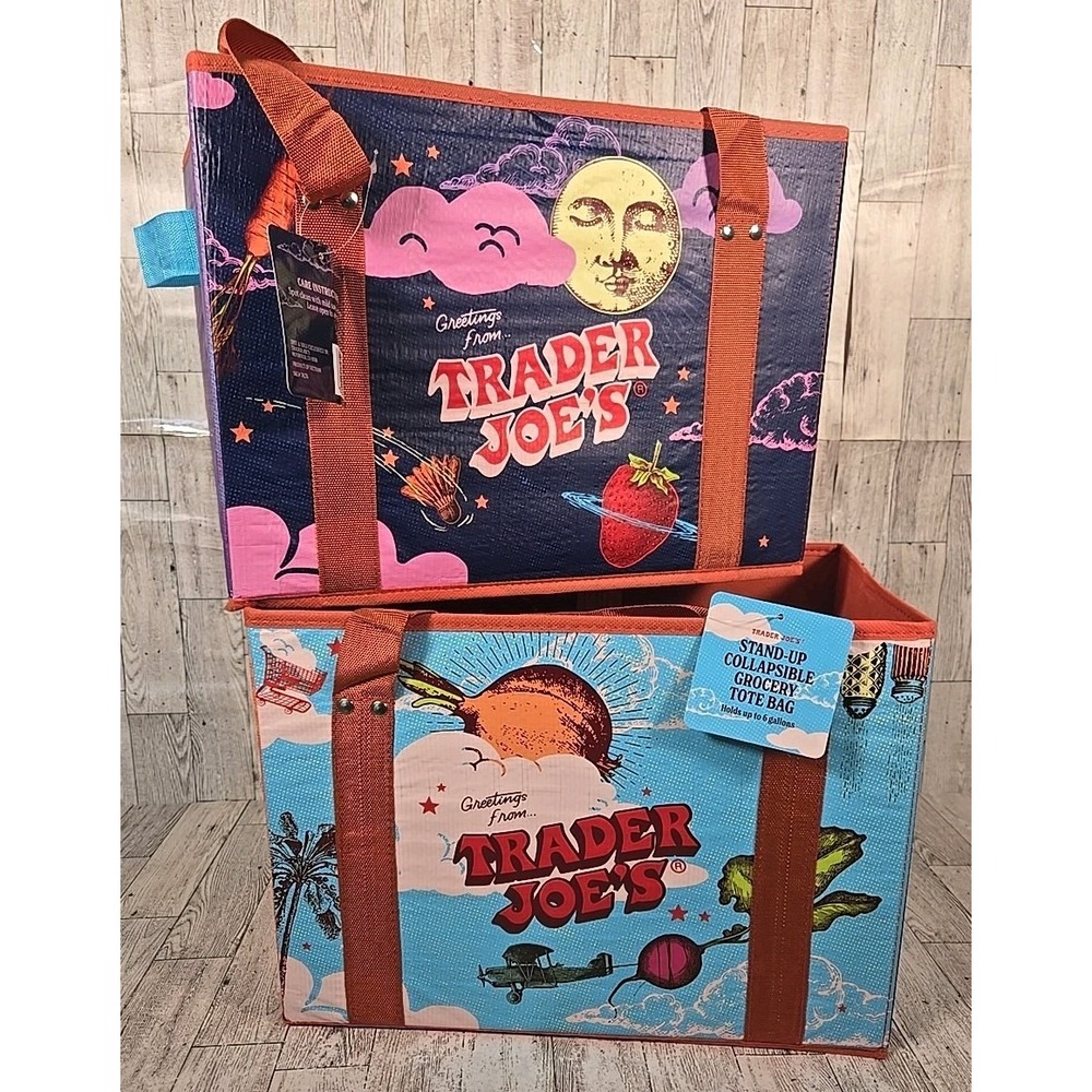 Trader Joe's Stand Up Collapsible Grocery Tote Bags Moon Face Airplane Lot of 2